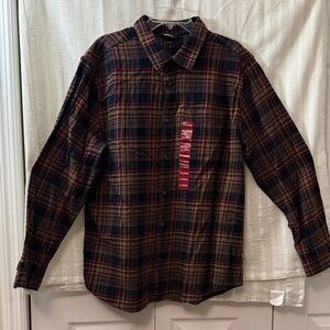 Eddie Bauer Men's Flannel Plaid Shirt - Size XL. Tan, Black and Red. NWT